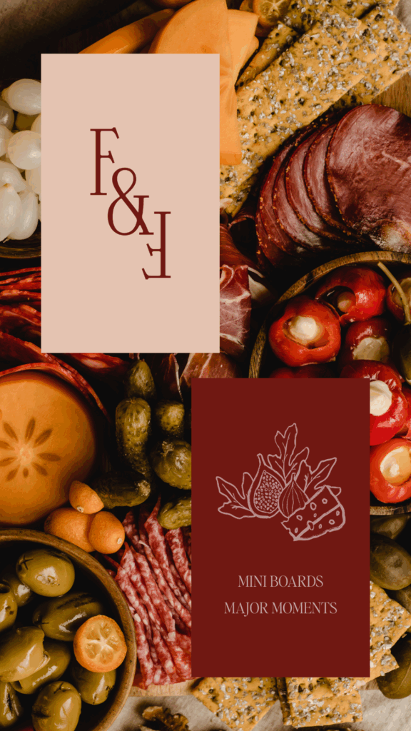 Figs & Fromages logo and illustrations placed over a background of charcuterie foods