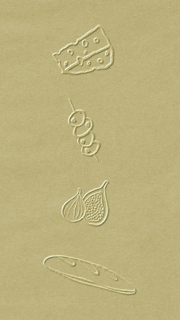 Embossed illustrations of cheese, olive, figs and bread in a green paper.