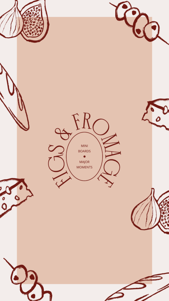 Main logo of a branding for a charcuterie company in a solid background with handrawn illustrations on the side.