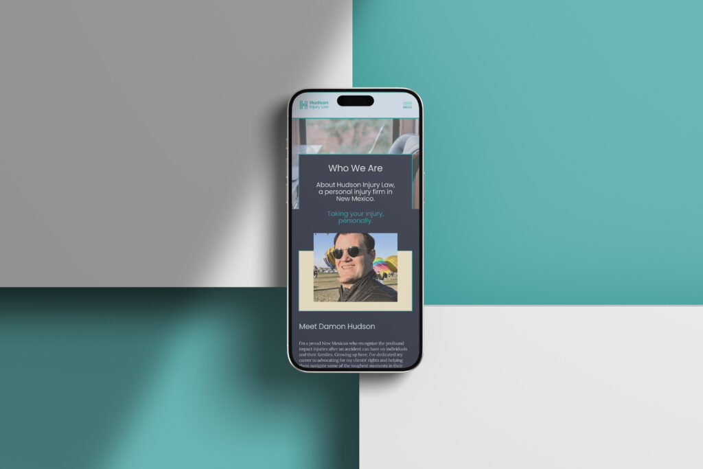 Mobile screen showing the about section of a personal injury lawyer from New Mexico.