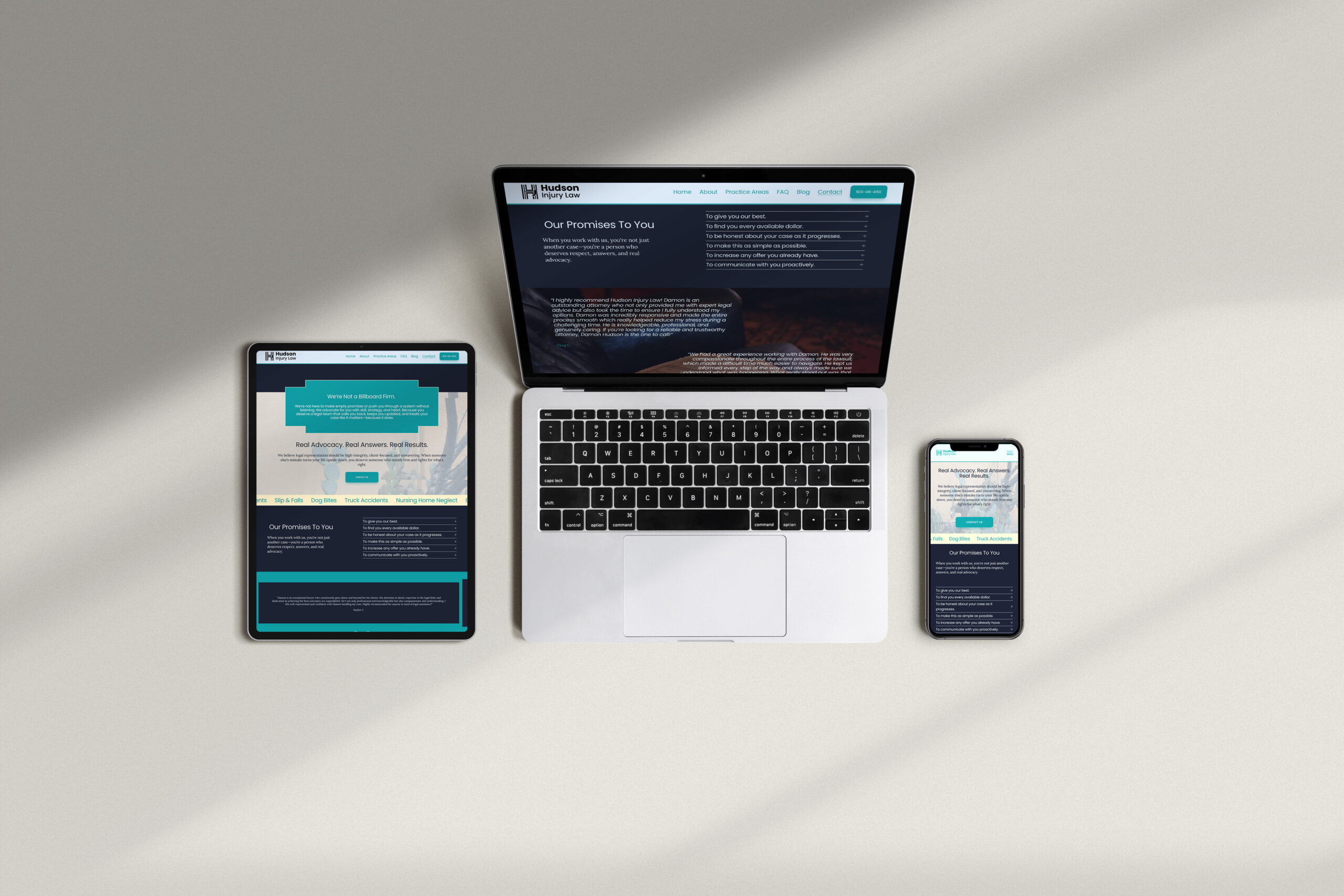 Tablet, Laptop and Smartphone screen showing a injury lawyer website