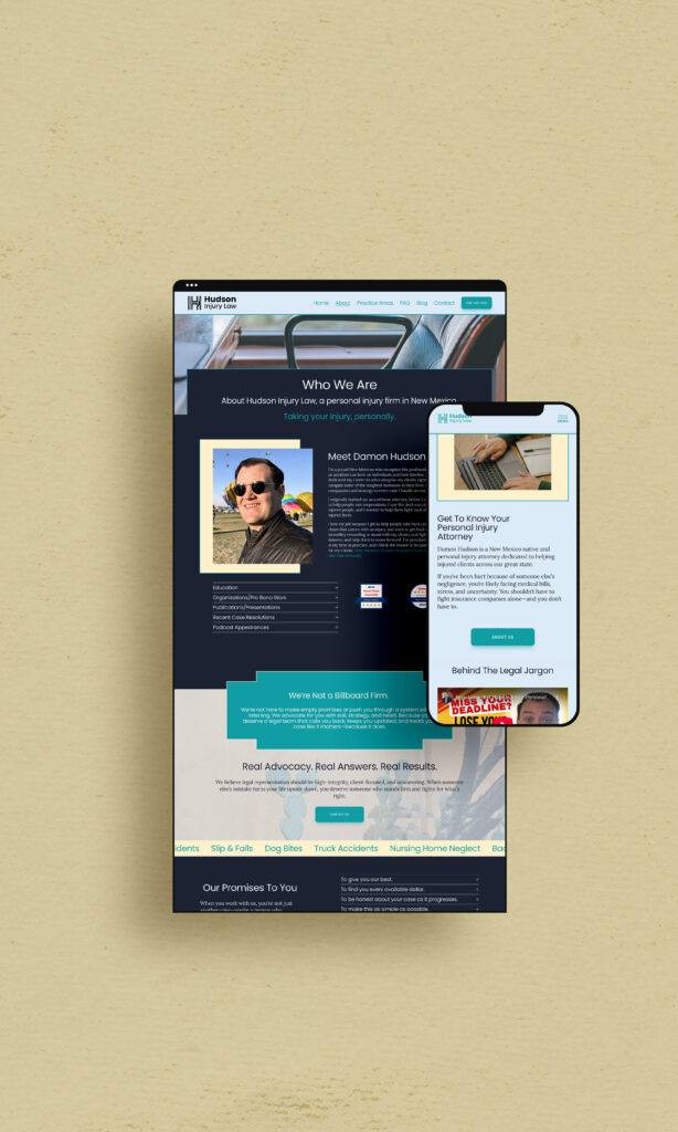 A custom website for a lawyer, shown on both desktop and mobile screens.