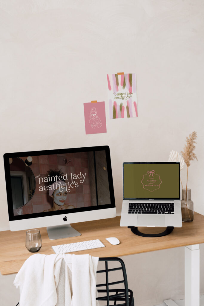 Modern workspace featuring the new branding and website for Painted Lady Aesthetics.