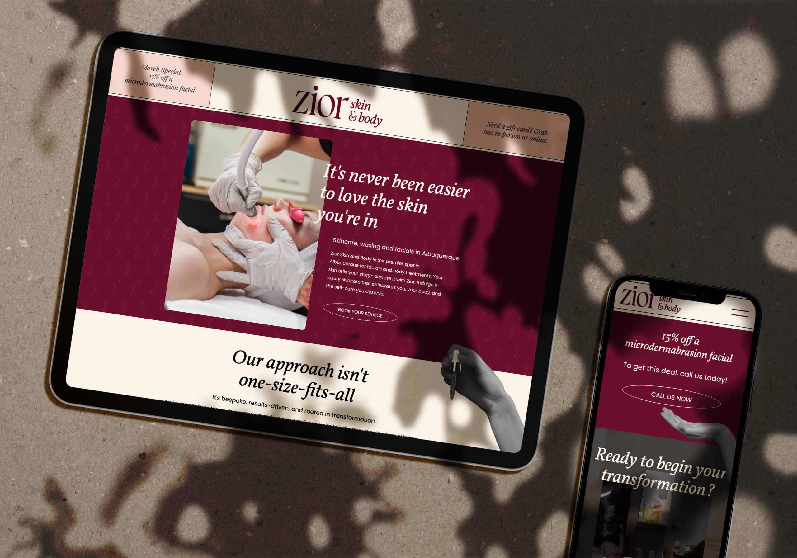 Zior Skin Esthetician Website in two screens.