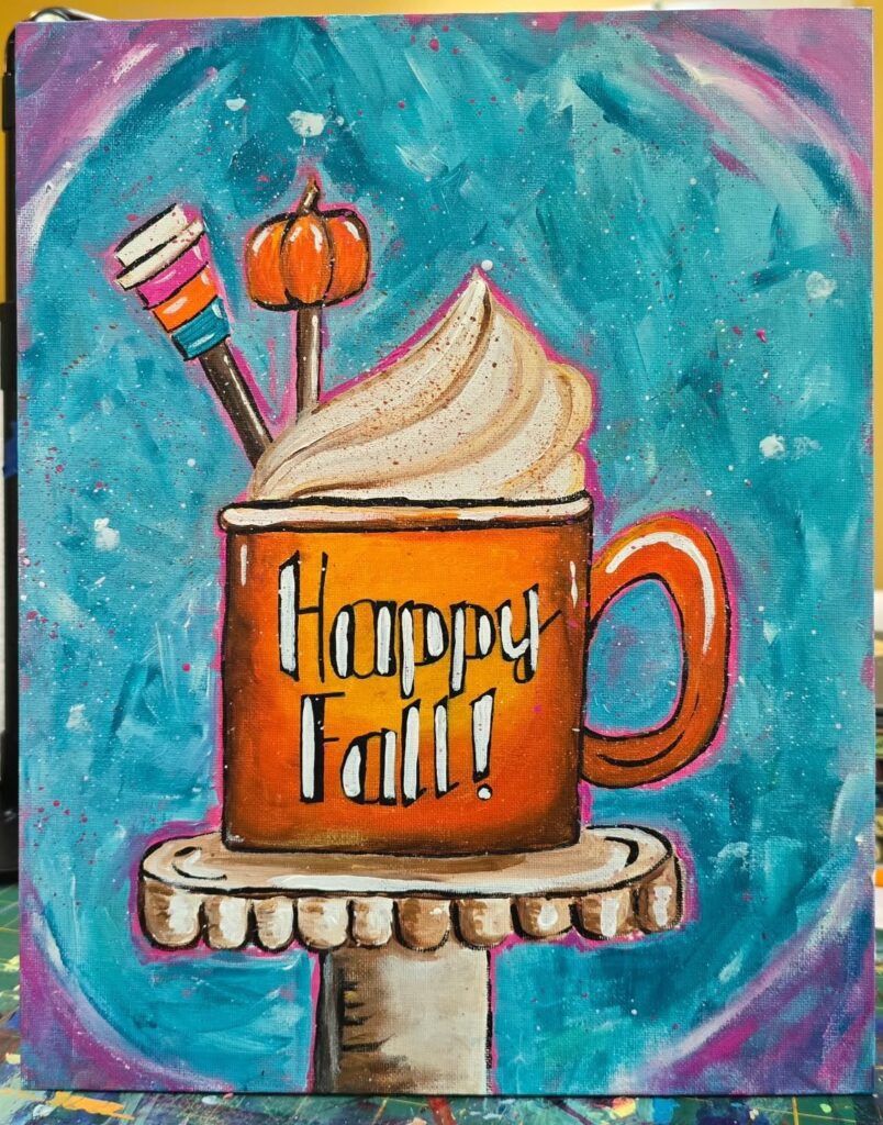 Autumn-themed painting of hot chocolate.
