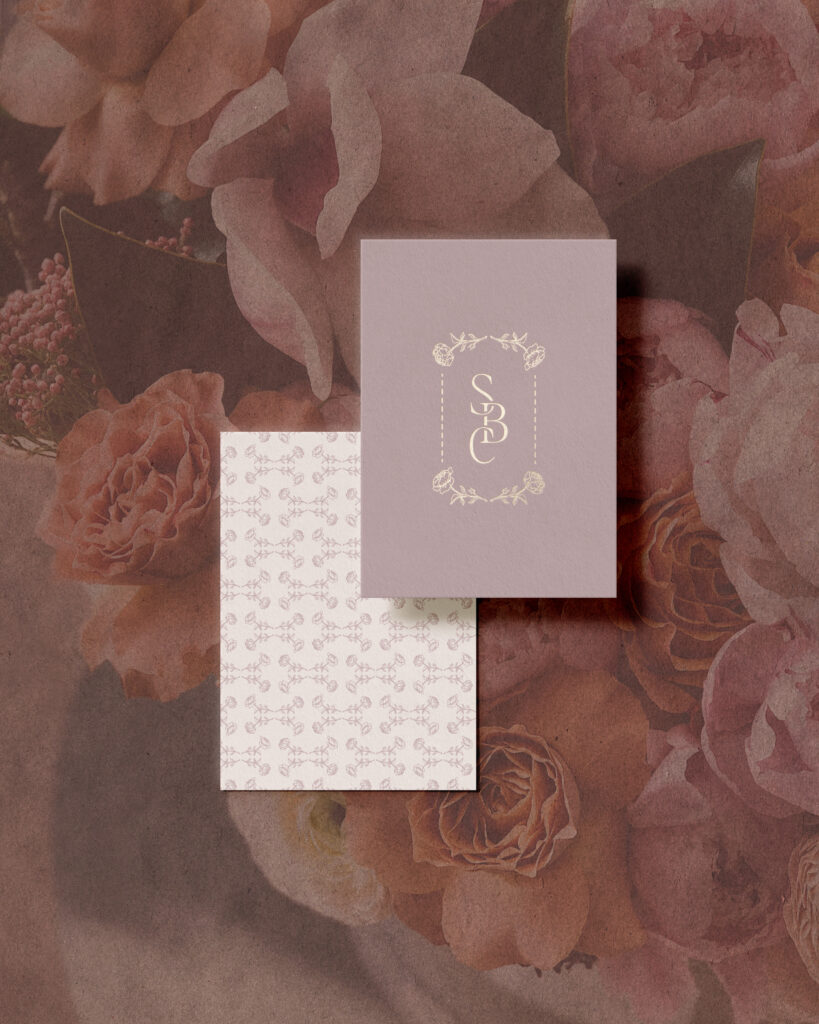 Two stationery cards showing a floral business logo and pattern.