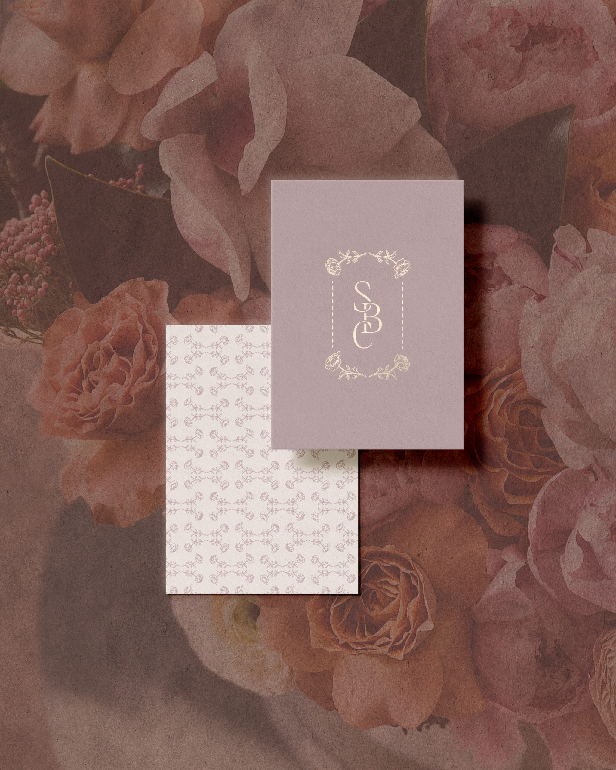 Two stationery cards showing a floral business logo and pattern.