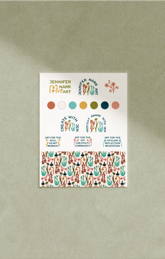 Brand identity kit with logo, color palette, and patterns for an artist business.