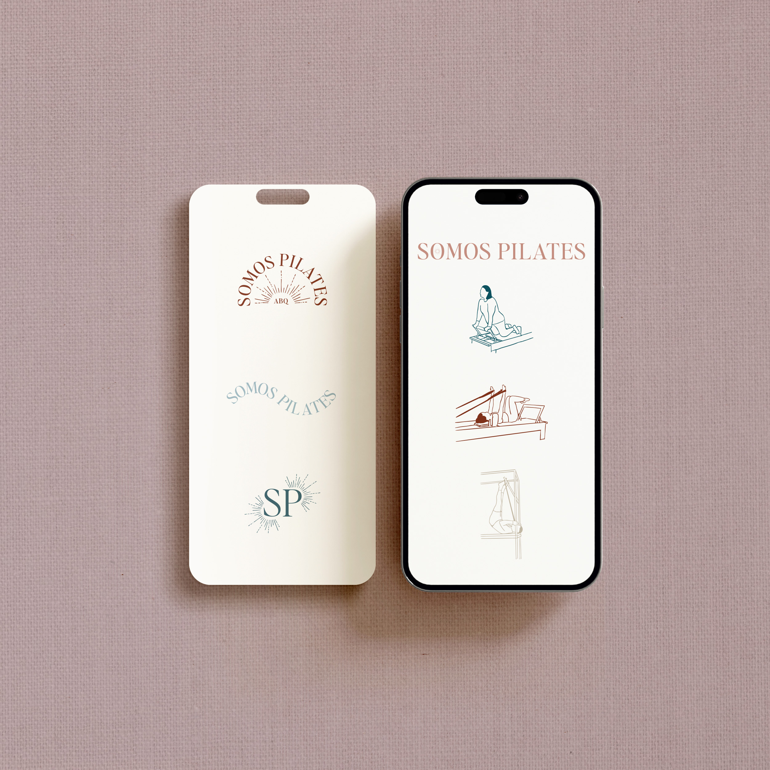 Two mobile screens displaying a Pilates studio logo and illustration.