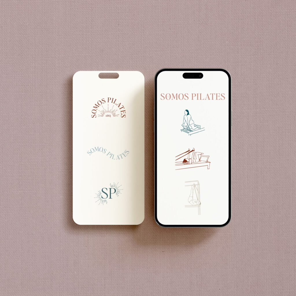 Two mobile screens displaying a Pilates studio logo and illustration.