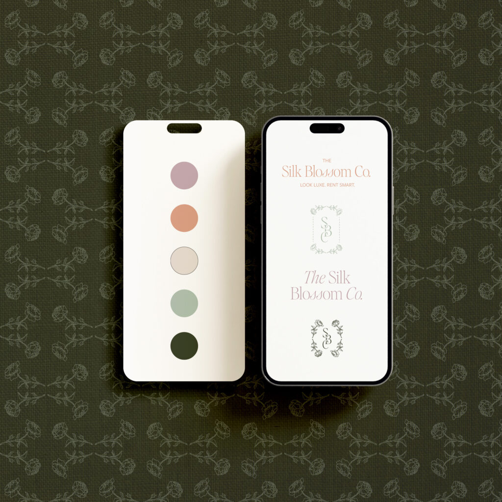 Two digital screens featuring logo variations and brand colors for a floral rental business.