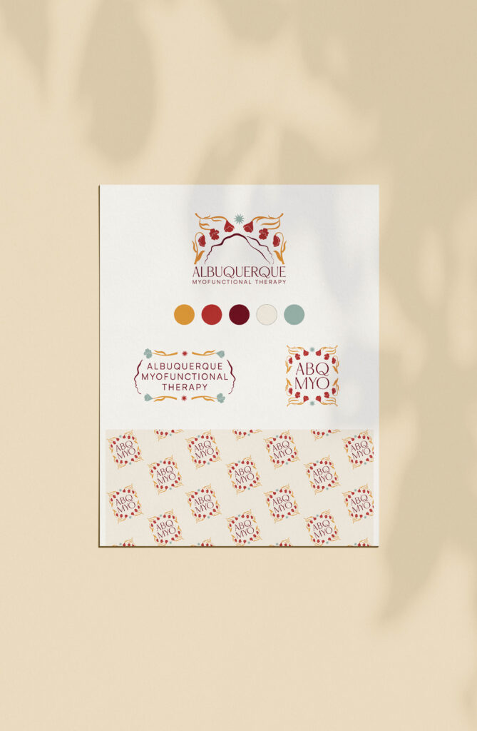 Albuquerque Myofunctional Therapy branding design showcasing logo variations, color palette and patterns.
