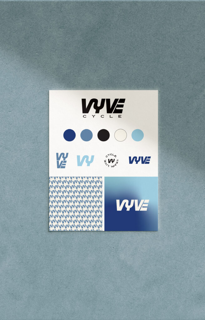 Brand Identity kit for VYVE with logo variations, color palette, patterns and background.
