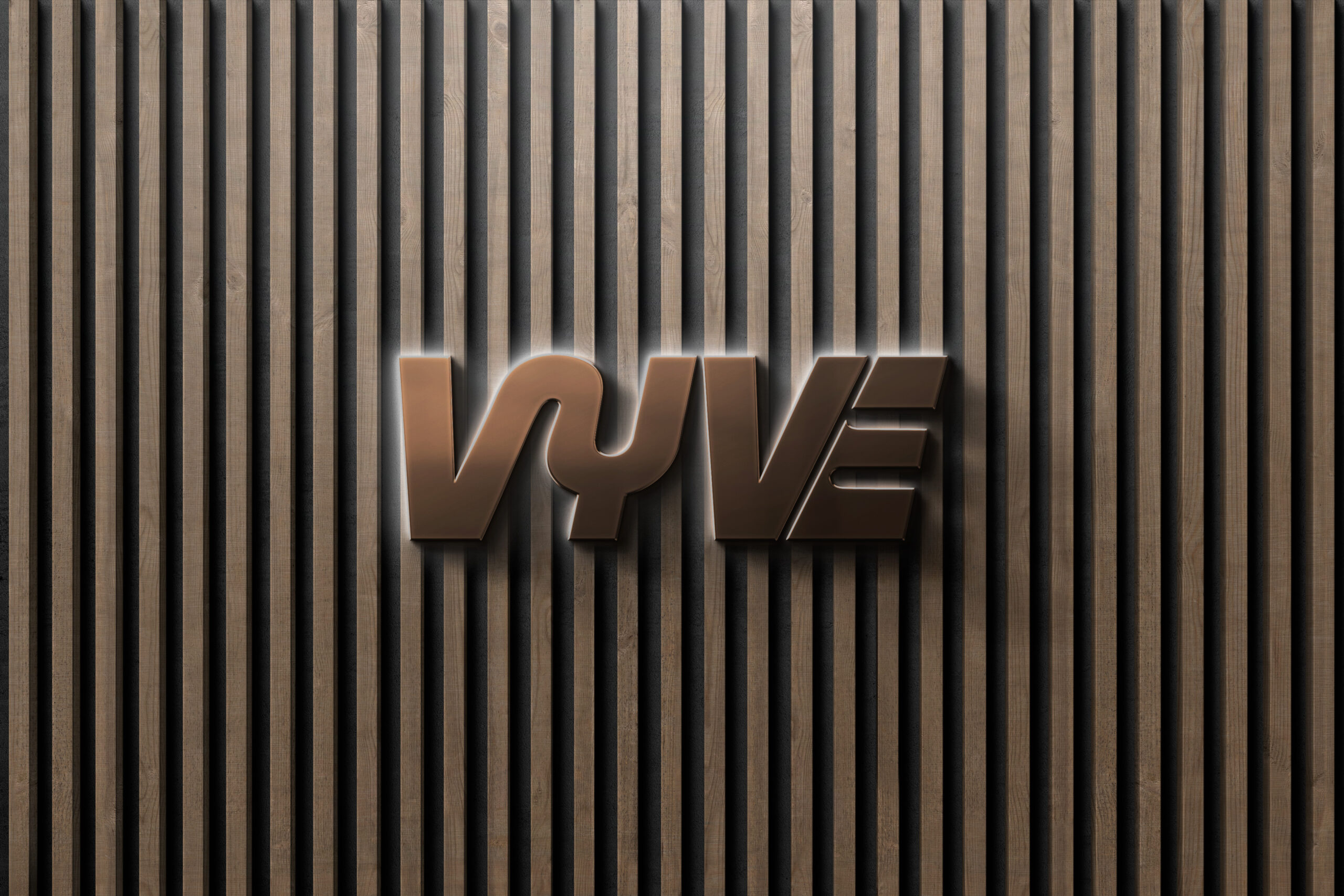 VYVE logo displayed on a wooden wall mockup.