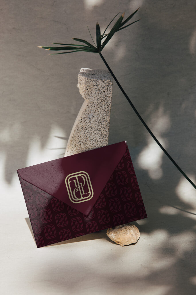 Envelope with an embossed logo and pattern.