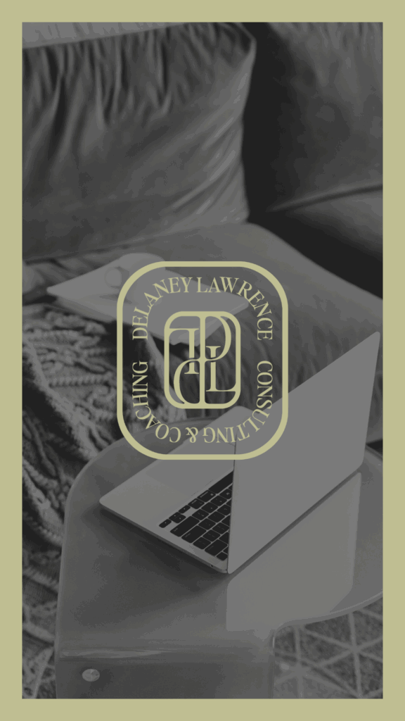 Delaney main logo over a black-and-white laptop background.