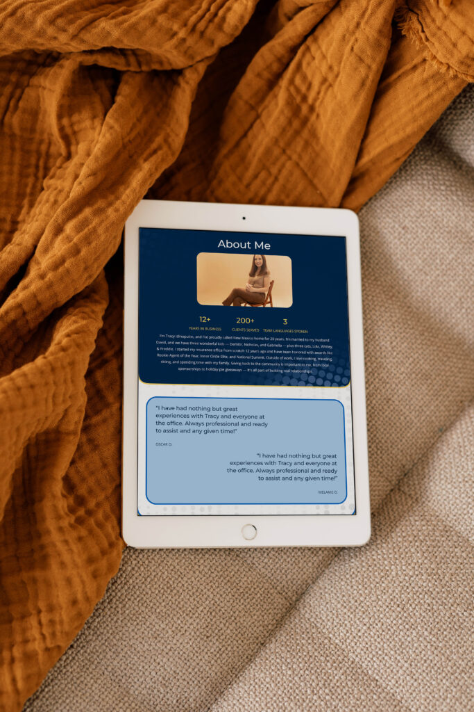 Tablet screen displaying the About Me page of Tracy’s custom personal website