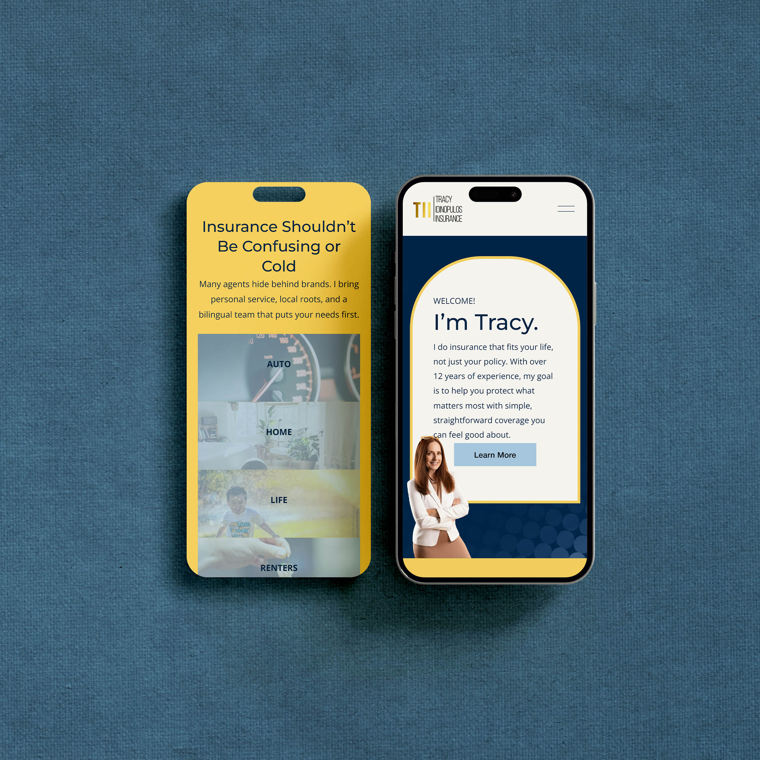 Two phone mockups showcasing Tracy’s personal website.