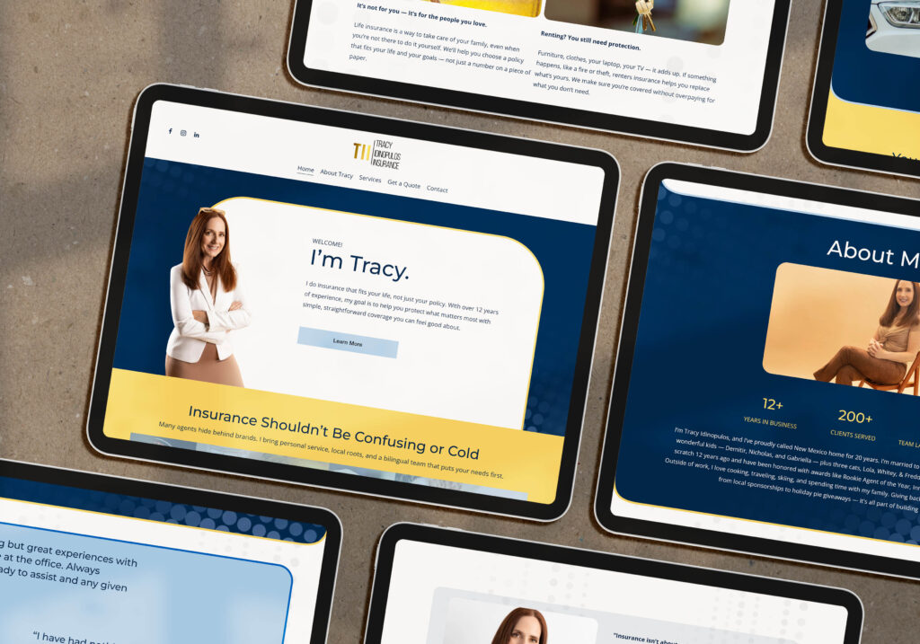 Flatlay of multiple tablet screens featuring the insurance broker website’s home page section