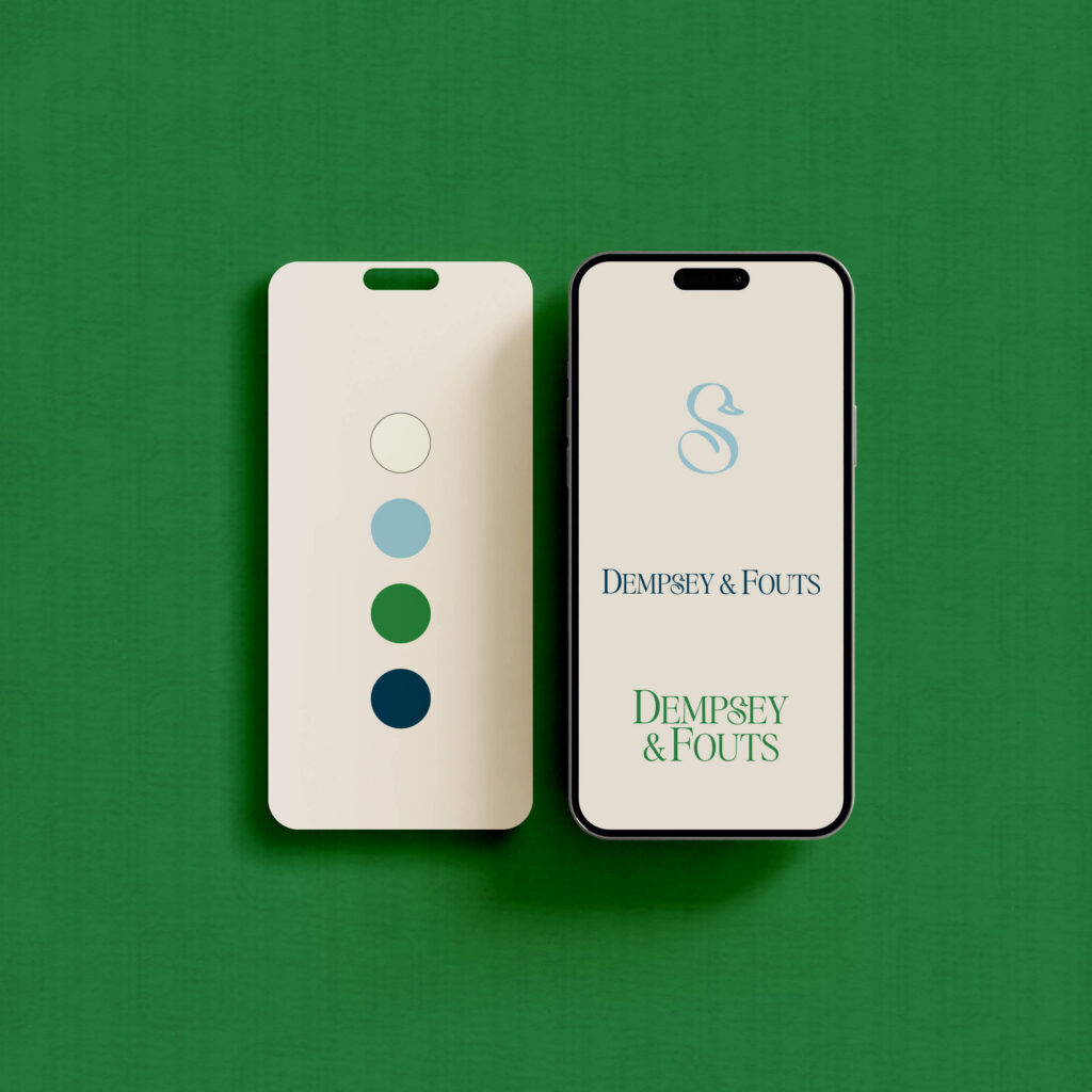 Phone mockup displaying logo designs and brand color palette for Dempsey & Fouts custom branding.