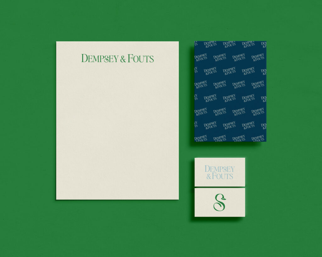 Stationery set showcasing the custom brand identity for Phoenix law firm Dempsey & Fouts.