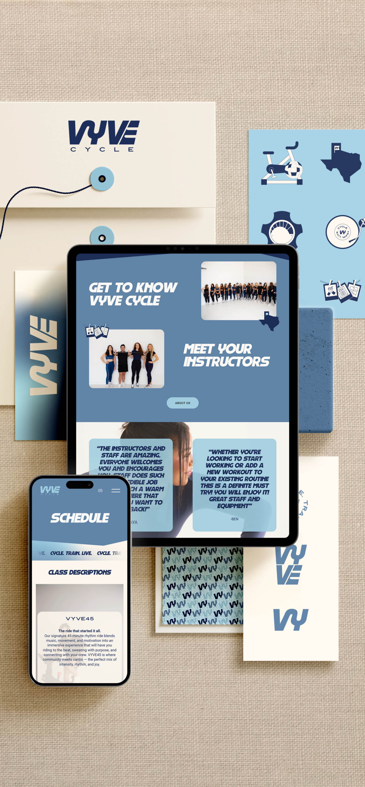 Vyve brand identity kit displayed in stationery and tablet mockups.