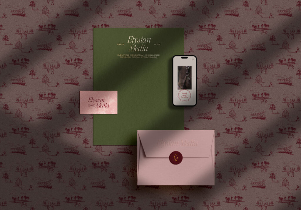 Branded stationery for an equestrian business featuring an elegant logo, pattern, and cohesive color palette.