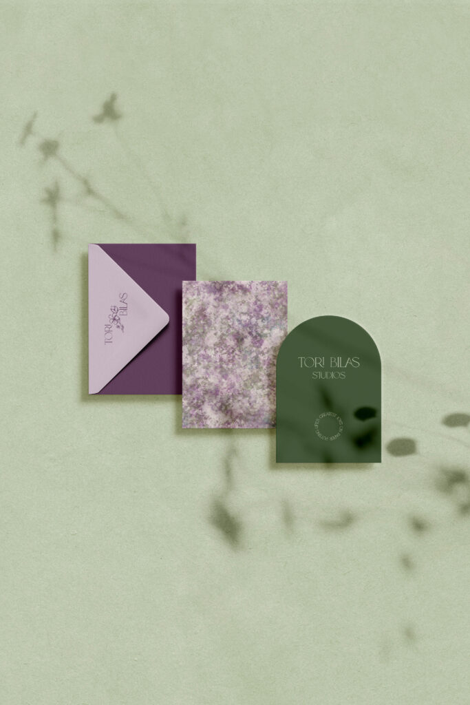 Tori Billa’s cohesive color palette shown in a branded stationery mockup.