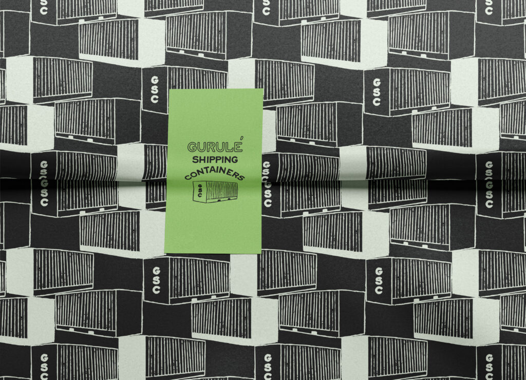 Repeated hand-drawn shipping containers add visual interest and style to the brand.