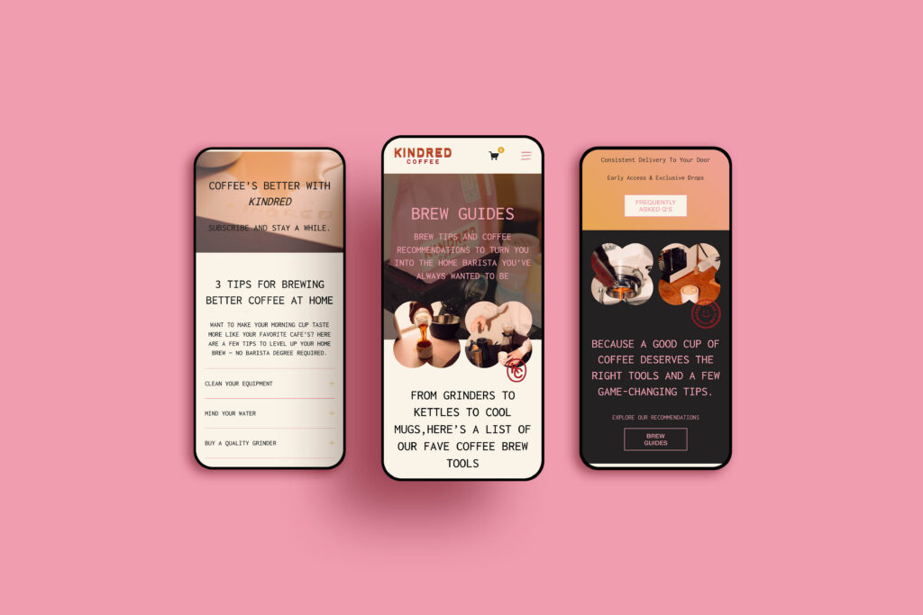 Three phone screens showing a coffee website for Kindred Coffee Co. custom website by Saltd Studio