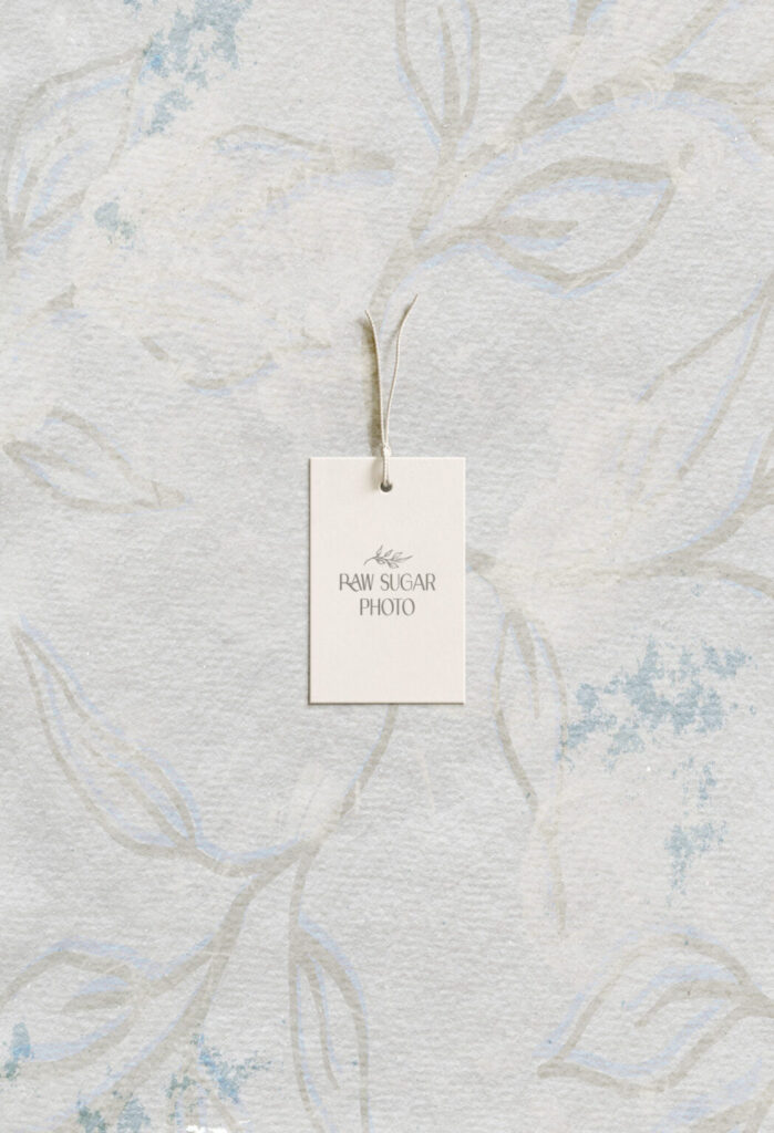 Raw Sugar Photo branding with paper texture and hand-drawn leaves.