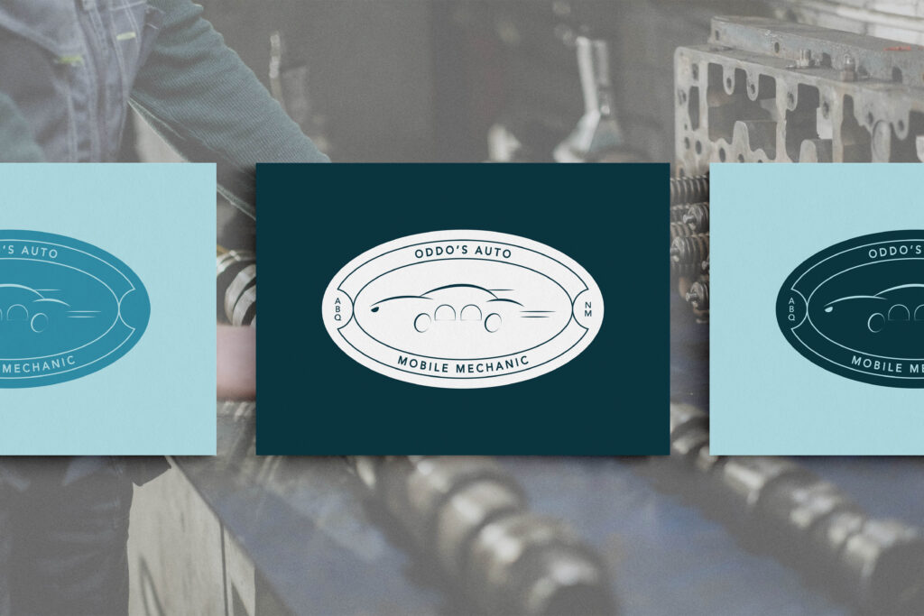 Oddo’s Auto logo featured on a blue card with an automotive photo background.