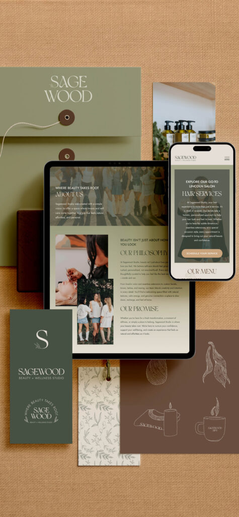 Compilation of Sagewood brand identity elements across different branded and marketing assets.