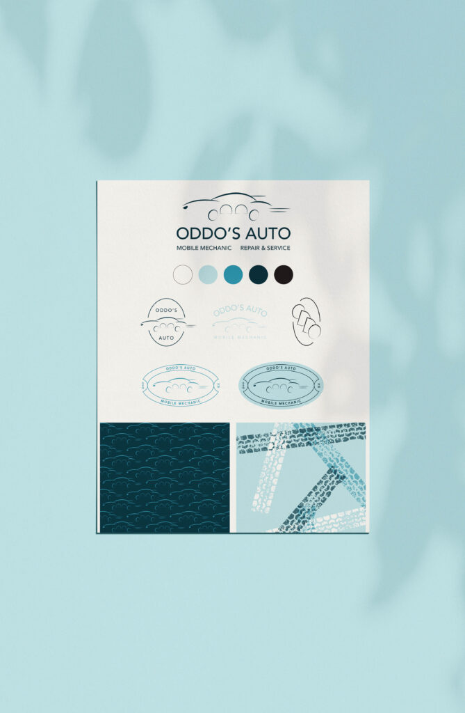 Oddo’s Auto Repair brand guide featuring logo design, color palette, and background pattern.