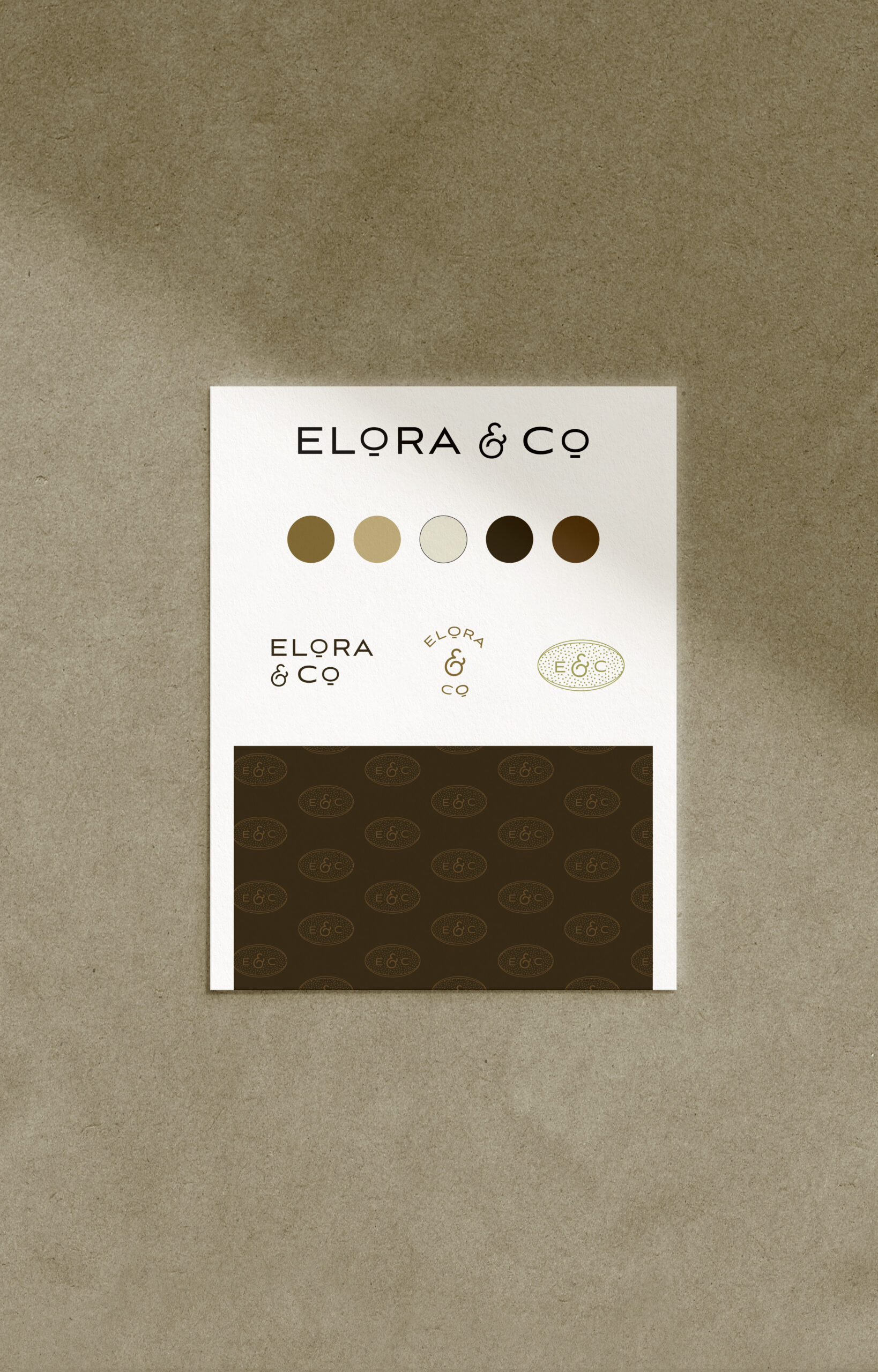 A simple brand guide for Elora & Co featuring the logo, color palette, and key design elements for a service business.