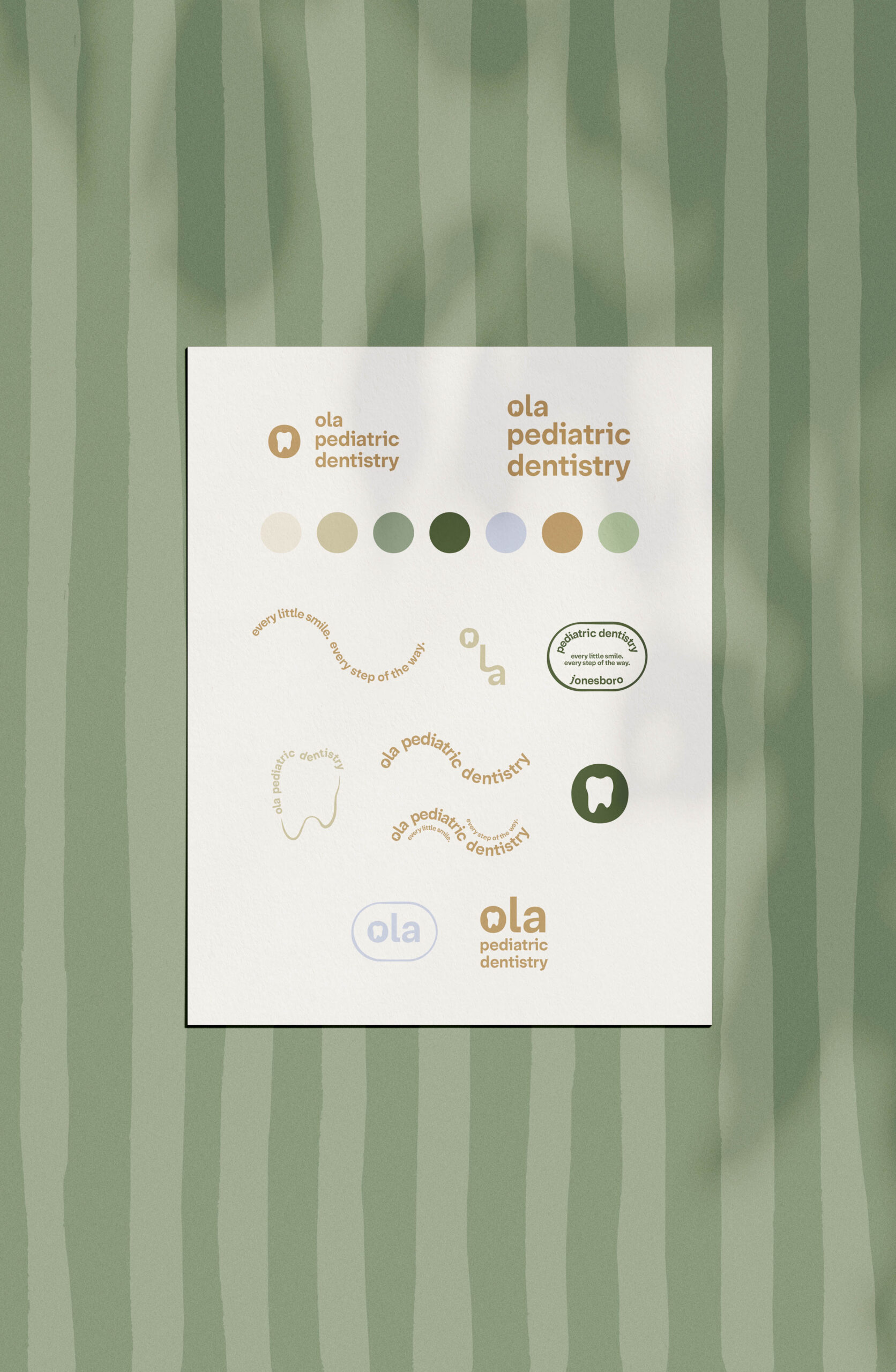 Ola Pediatric Dentistry brand suite with logo variations, color palette, and branding elements.