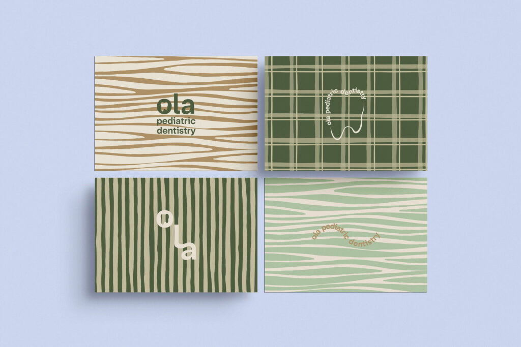 Ola Pediatric branding applied across business cards with varied designs.