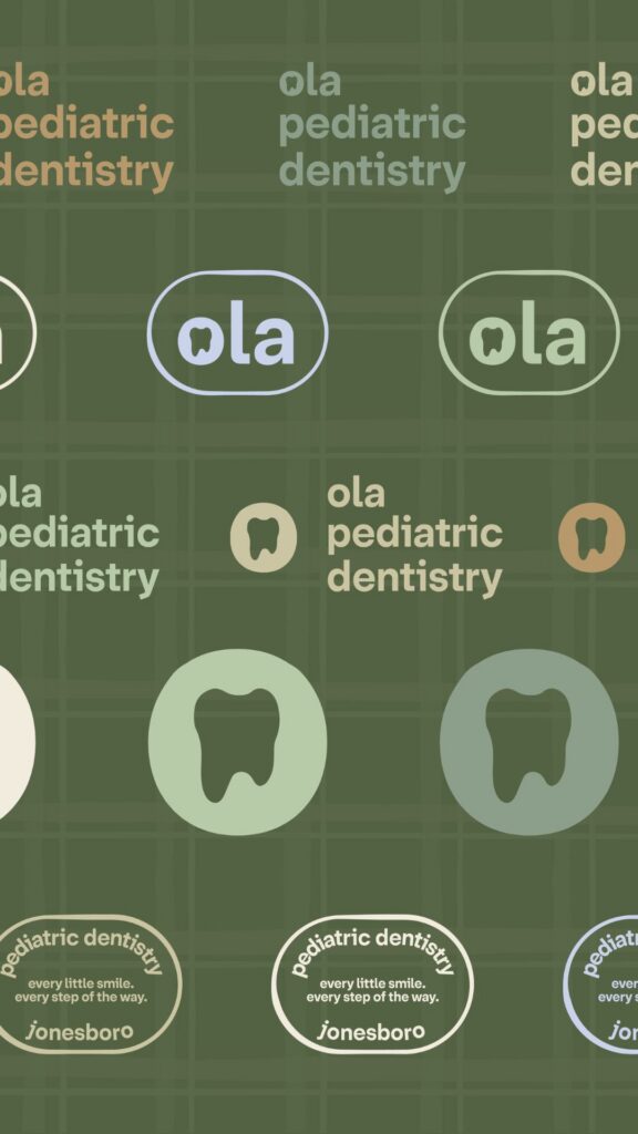 Ola Pediatric Dentistry logo variations forming repeating patterns in a background design.