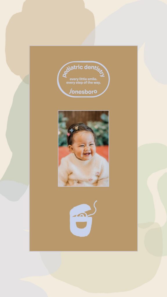 Pediatric dentist social media post featuring a floss icon, logo submark, and a smiling baby.