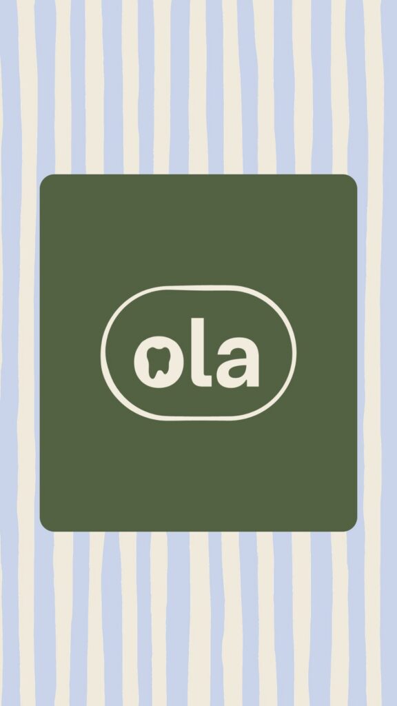Playful children’s dentist logo displayed on a striped background.