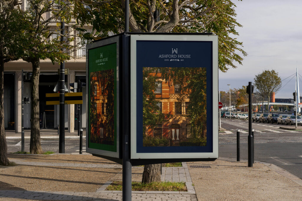 Ashford House pre-made brand kit for luxury and professional services, showcased on an outdoor display.