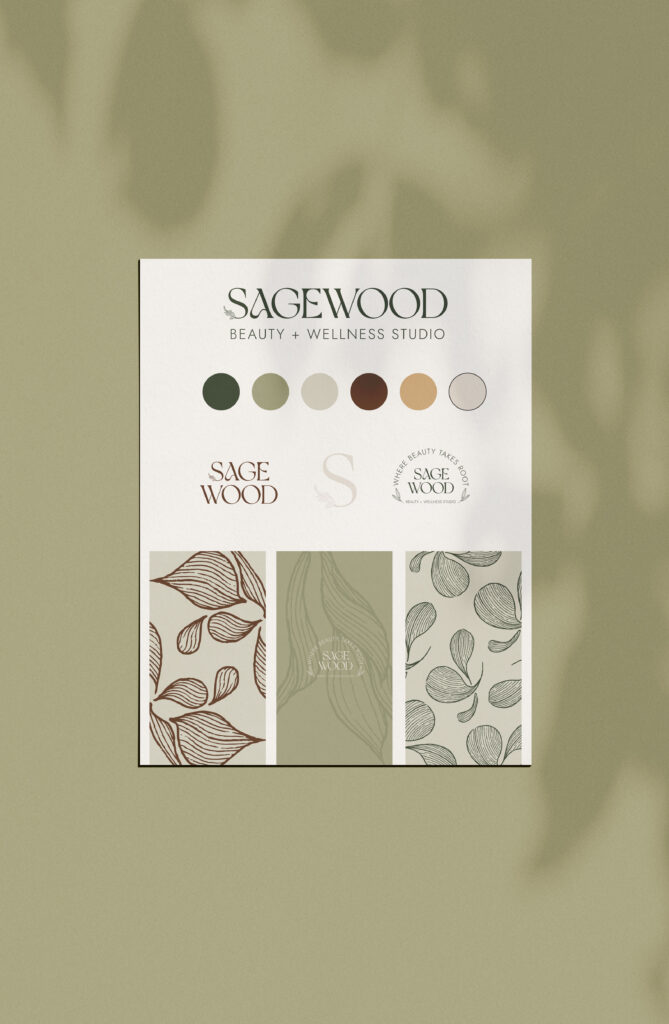 Brand guide kit for Sagewood Studio featuring logo designs, a color palette, illustrations, and textures.
