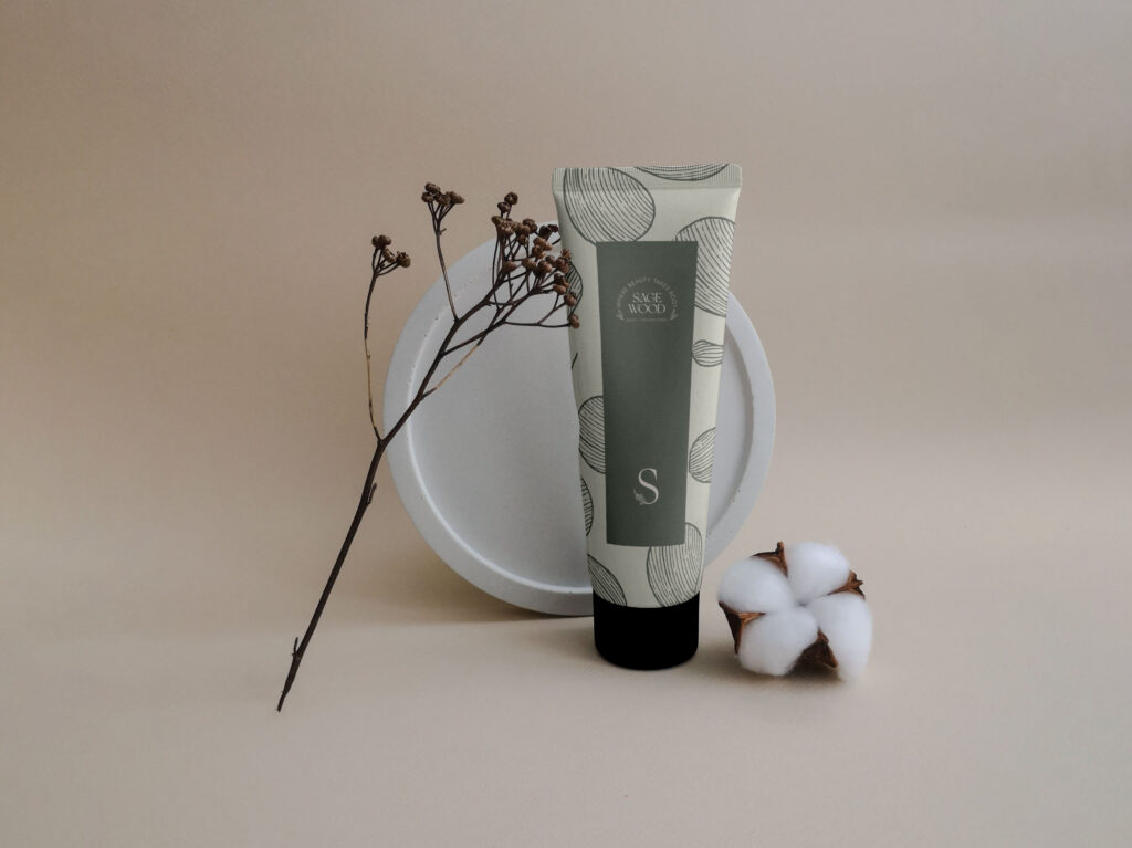 Sagewood’s serene color palette and illustrations featured on a cosmetic bottle.