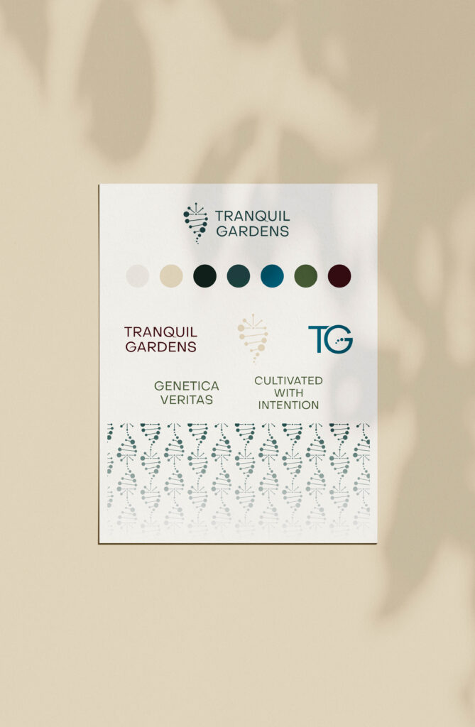Brand guide kit for Tranquil Gardens featuring logo designs, color palette, textures, and patterns.