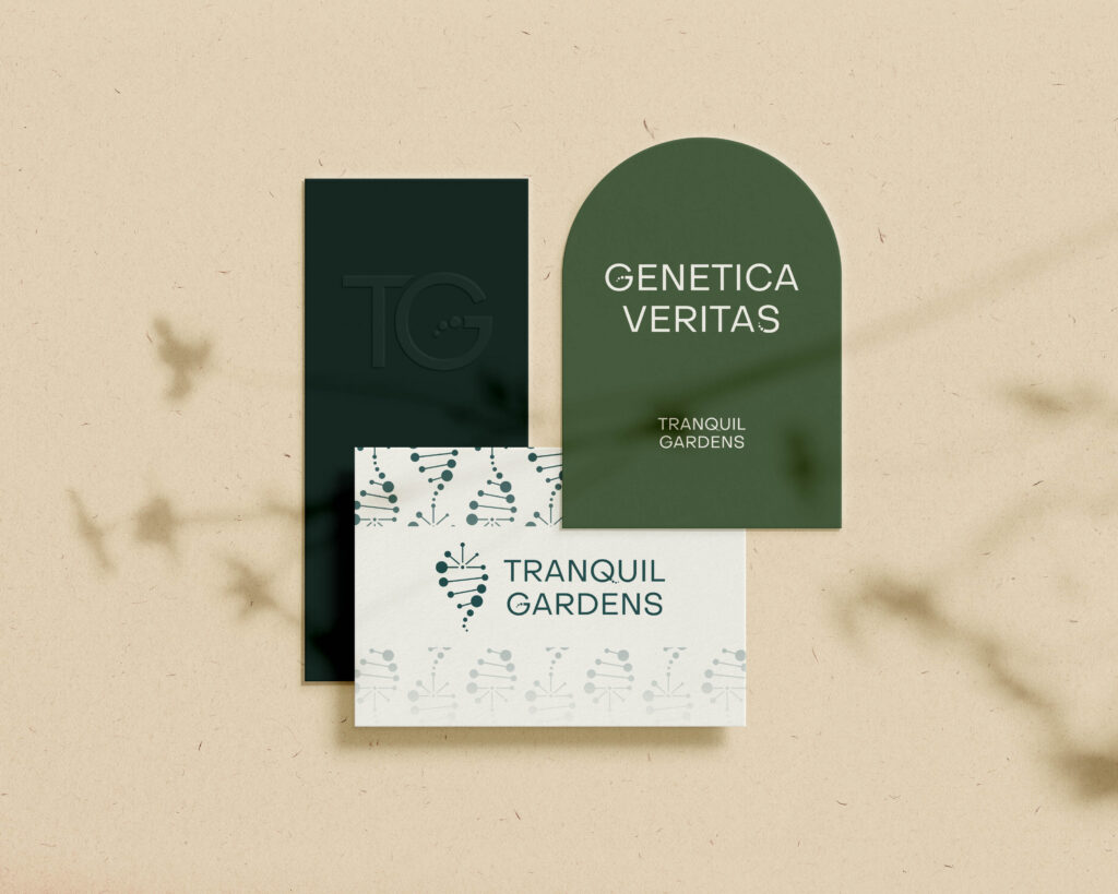 Tranquil Gardens cannabis branding elements applied across stationery materials