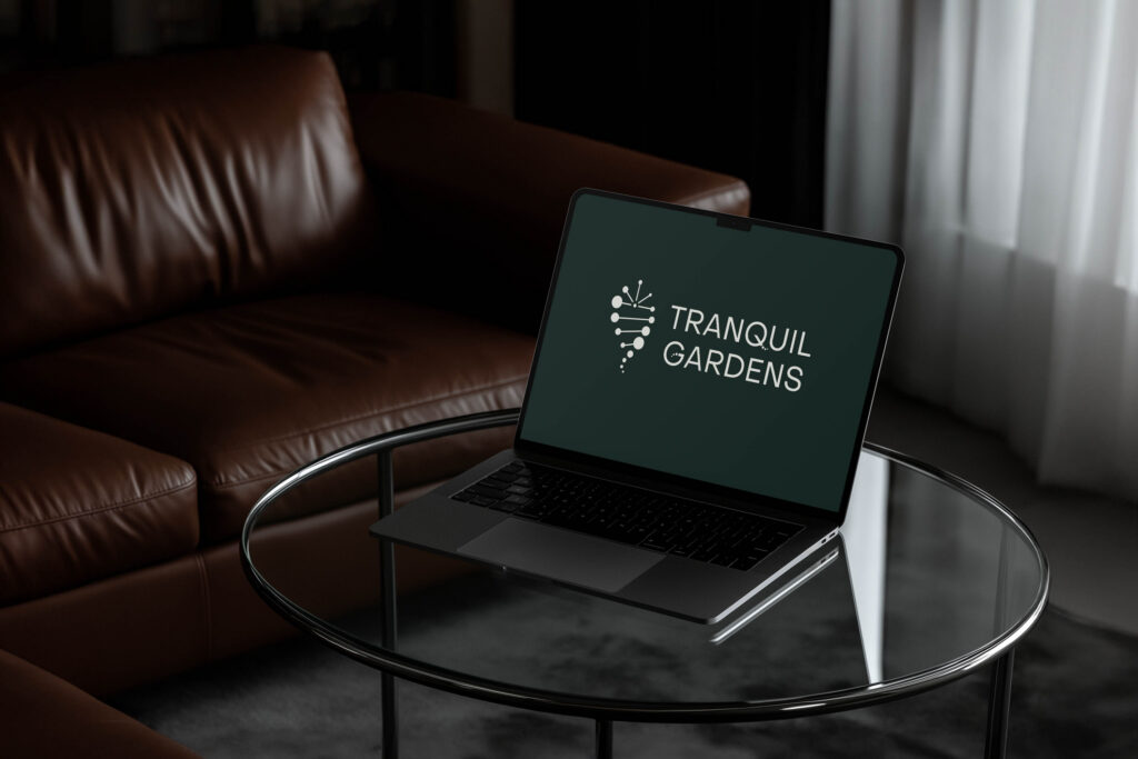 Minimal logo design for a cannabis brand shown on a laptop screen