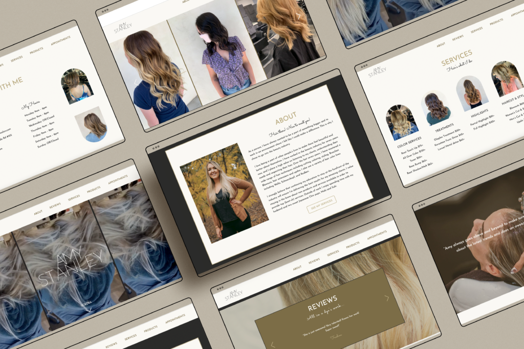 Amy Stanley hair salon website featuring different pages across various device screens