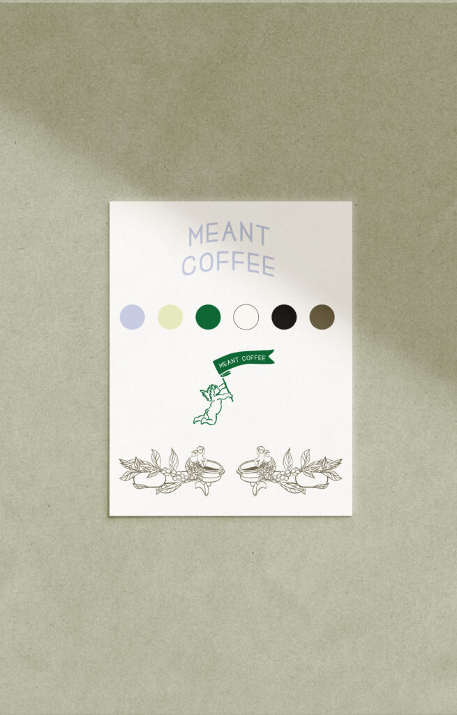 The Meant Coffee brand guide featuring the logo, color palette, and illustrations for the coffee shop brand.