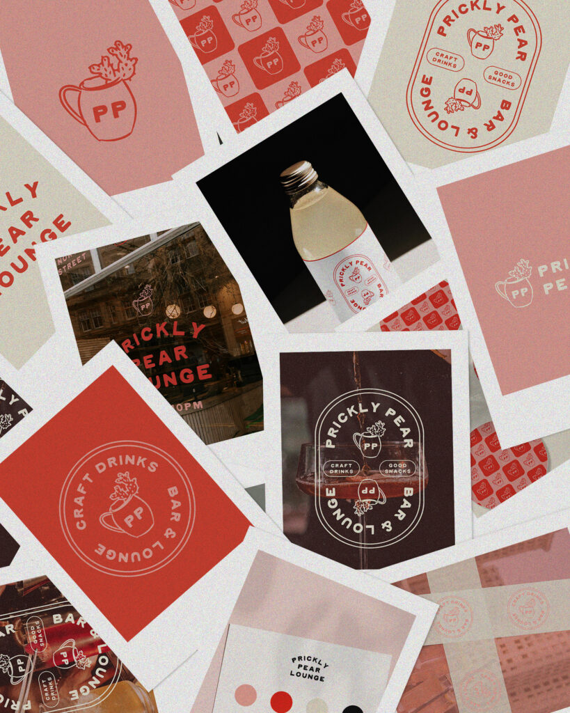 Brand cards for our pre-made brand kit, Prickly Pear, scattered across a surface.
