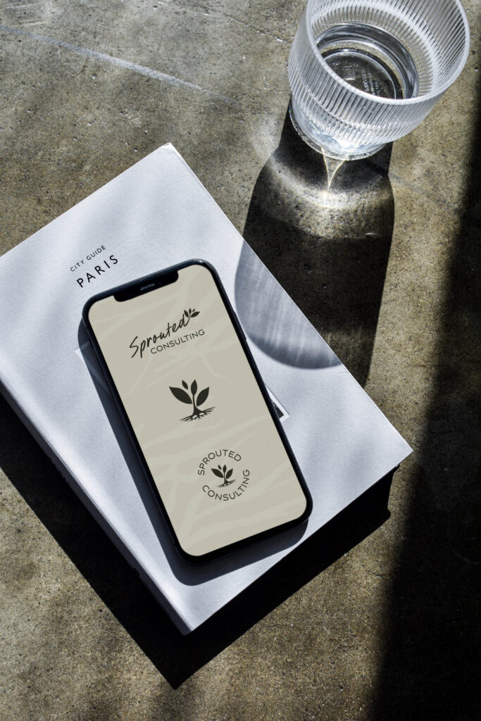 Plant-inspired logo variations for Sprouted Consulting displayed on a phone screen.
